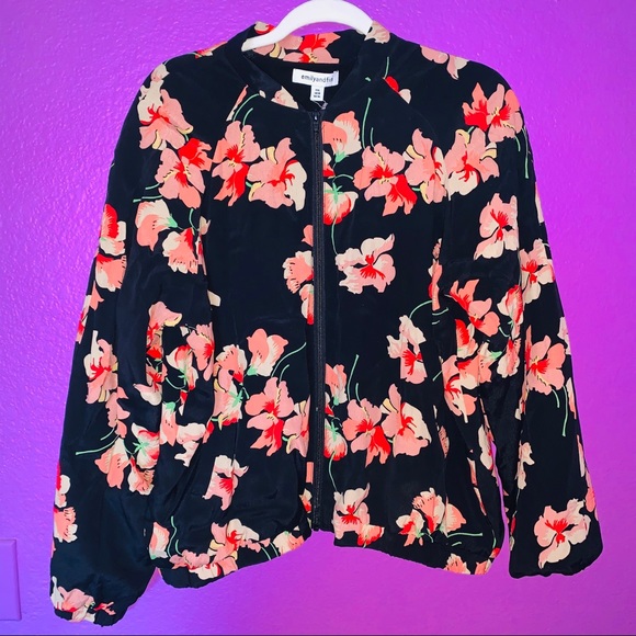 Silk Coral Red & Black Floral Bomber Jacket NWT 14 - Picture 2 of 8